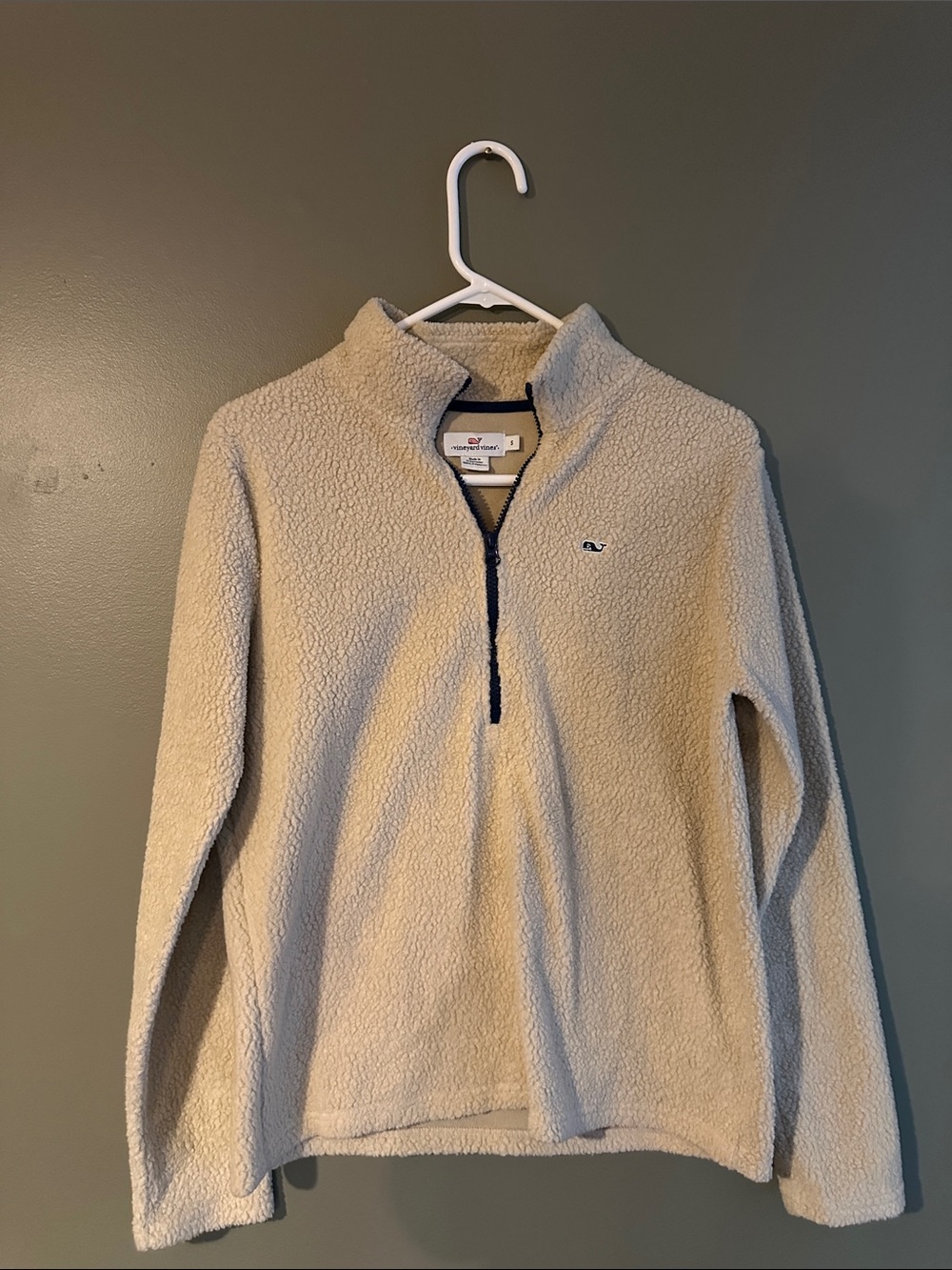 Vineyard Vines Cream Sherpa Half-Zip Pullover with Navy Trim